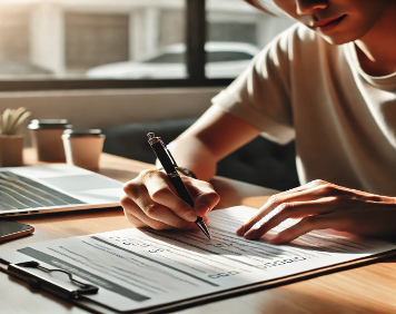 A man seated at a desk filling out paperwork.