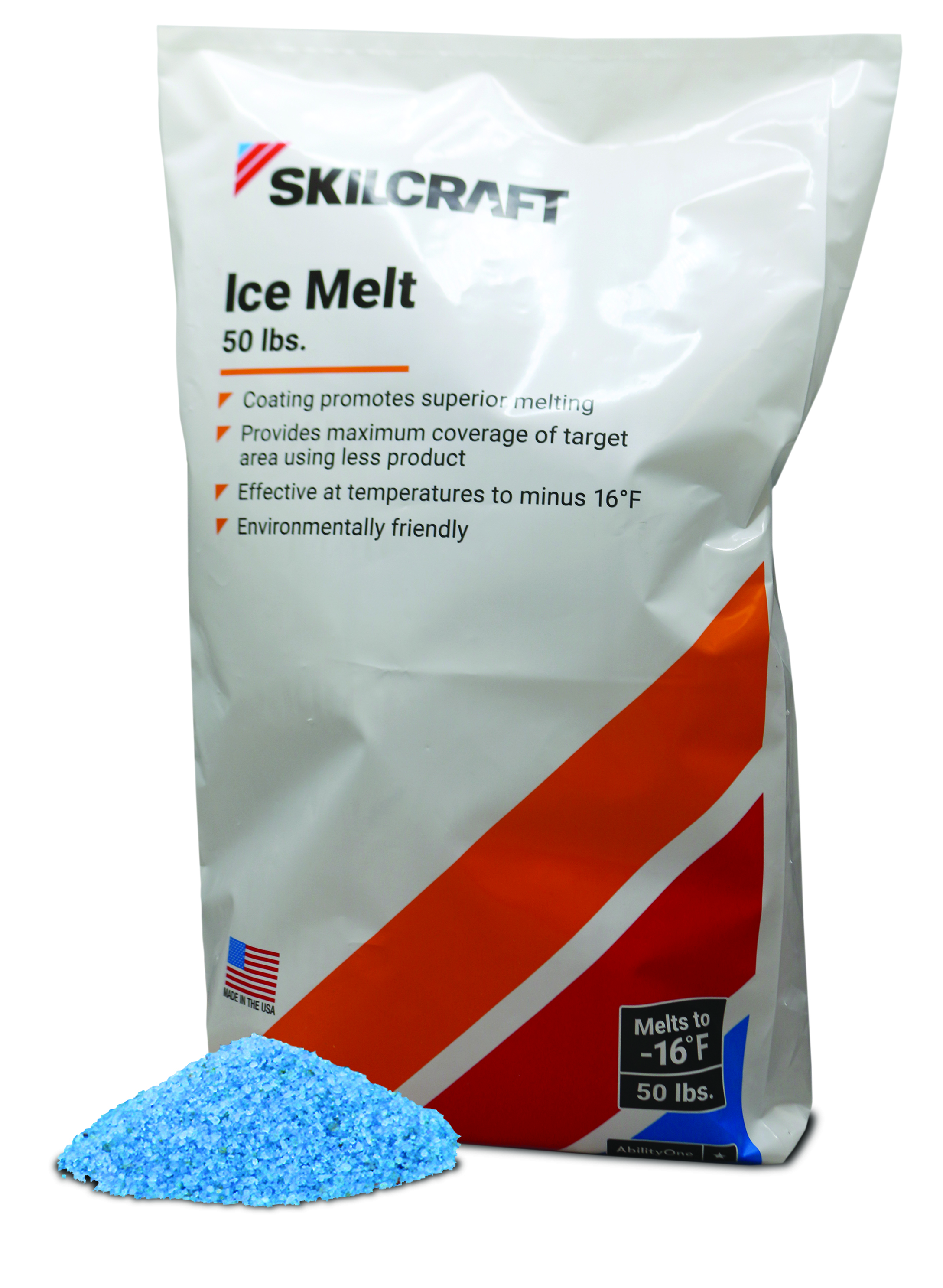 Bag of Ice Melt with a pile of ice met pellets next to it