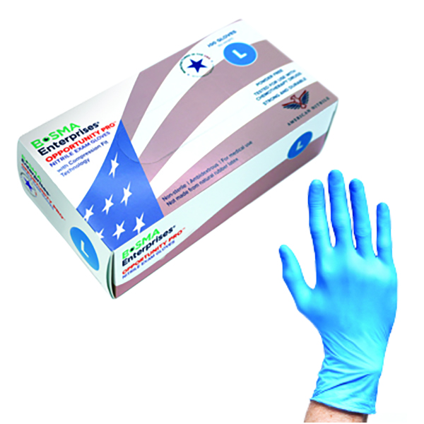 An image of the glove box and a hand with a blue exam glove on 